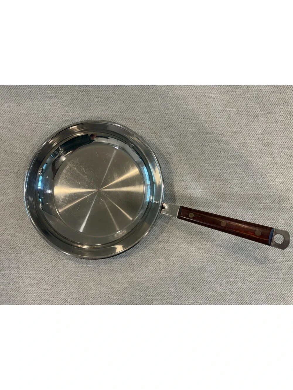 Vintage Stainless Steel 10 Inch Skillet Fry Pan Wood Handle Mid-Century Cookware